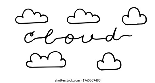 doodle cloud illustration hand drawn vector. Lettering. Some simple clouds on the sky. Thick black stroke isolated on white background.