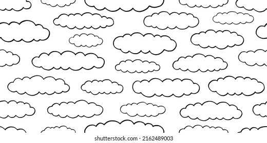 Doodle Cloud-Muster. Nahtlose Skizzenwolken. Handgezeichnetes Rahmenmuster. Schwarz-weißer Cartoon, Vektorhintergrund. Einfache rosa Himmelsgrafik. Kleinkunst im Stil der 70er Jahre. Wolkentag nahtlos