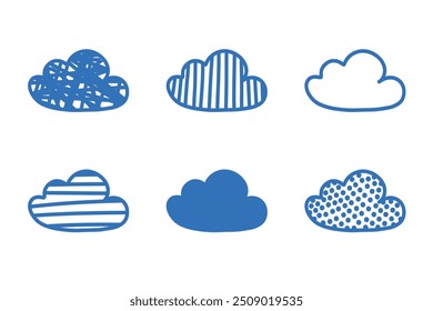 Doodle cloud sketch illustration. Hand drawn cute blue,  clouds. Scribble doodle children drawn style. Vector illustration