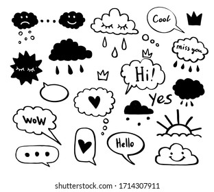 Doodle cloud sketch. Vector hand drawn chat bubble. Think speech talk icon. Cute cartoon illustration. Comic line speak. Dialog message art, text frame, baby style sky design. Crown, face, heart, rain
