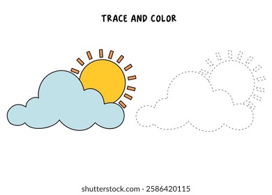 Doodle cloud and sun coloring pages worksheets for kids activity printable. Trace and color cloud and sun. Cartoon summer sun and cloud clip art. Sunny day. Happy sunny. Happy sunshine.