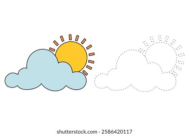 Doodle cloud and sun coloring pages worksheets for kids activity printable. Trace and color cloud and sun. Cartoon summer sun and cloud clip art. Sunny day. Happy sunny. Happy sunshine.