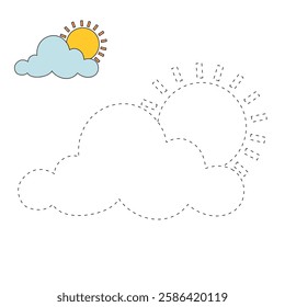 Doodle cloud and sun coloring pages worksheets for kids activity printable. Trace and color cloud and sun. Cartoon summer sun and cloud clip art. Sunny day. Happy sunny. Happy sunshine.