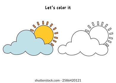 Doodle cloud and sun coloring pages worksheets for kids activity printable. Trace and color cloud and sun. Cartoon summer sun and cloud clip art. Sunny day. Happy sunny. Happy sunshine.