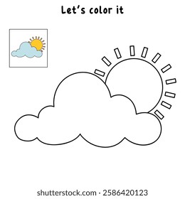 Doodle cloud and sun coloring pages worksheets for kids activity printable. Trace and color cloud and sun. Cartoon summer sun and cloud clip art. Sunny day. Happy sunny. Happy sunshine.