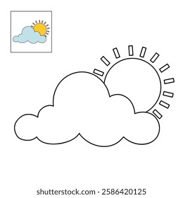 Doodle cloud and sun coloring pages worksheets for kids activity printable. Trace and color cloud and sun. Cartoon summer sun and cloud clip art. Sunny day. Happy sunny. Happy sunshine.