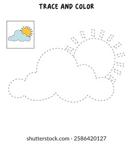 Doodle cloud and sun coloring pages worksheets for kids activity printable. Trace and color cloud and sun. Cartoon summer sun and cloud clip art. Sunny day. Happy sunny. Happy sunshine.