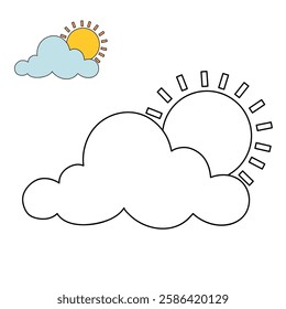 Doodle cloud and sun coloring pages worksheets for kids activity printable. Trace and color cloud and sun. Cartoon summer sun and cloud clip art. Sunny day. Happy sunny. Happy sunshine.