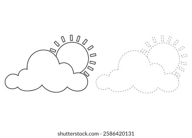 Doodle cloud and sun coloring pages worksheets for kids activity printable. Trace and color cloud and sun. Cartoon summer sun and cloud clip art. Sunny day. Happy sunny. Happy sunshine.