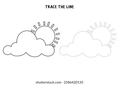 Doodle cloud and sun coloring pages worksheets for kids activity printable. Trace and color cloud and sun. Cartoon summer sun and cloud clip art. Sunny day. Happy sunny. Happy sunshine.