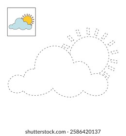 Doodle cloud and sun coloring pages worksheets for kids activity printable. Trace and color cloud and sun. Cartoon summer sun and cloud clip art. Sunny day. Happy sunny. Happy sunshine.