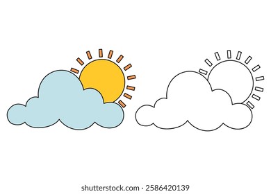 Doodle cloud and sun coloring pages worksheets for kids activity printable. Trace and color cloud and sun. Cartoon summer sun and cloud clip art. Sunny day. Happy sunny. Happy sunshine.