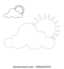 Doodle cloud and sun coloring pages worksheets for kids activity printable. Trace and color cloud and sun. Cartoon summer sun and cloud clip art. Sunny day. Happy sunny. Happy sunshine.