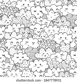 Doodle clouds black and white seamless pattern. Funny coloring page for adults and kids. Outline background with cute weather characters. Vector illustration