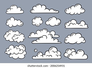 Nubes de doodle, colección de diseño para banner, tarjeta, afiche. Elementos de doodle dibujados a mano aislados en fondo gris.