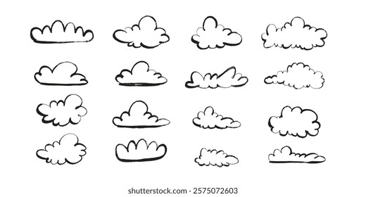 Desenhar Nuvens em Estilo Mão Desenhado com Efeito Grunge. Desenhos a lápis de nuvens. Ícones de desenhos animados abstratos e nuvens fofas.