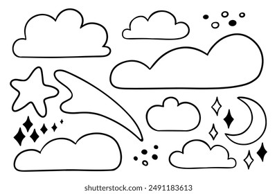 Doodle clouds with noon and stars. Cartoon hand drawn childish vector illustration. Sleepy background or colouring for children