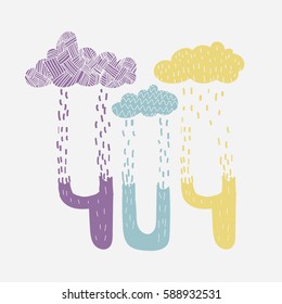 Doodle clouds and numbers. Rain and drops