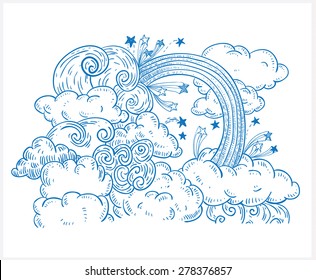 Doodle Clouds and rainbow, Hand Drawn Vector  