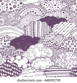 Doodle clouds set in seamless pattern, black and white decorative abstract geometrical cute details for adult, children coloring book page. Hand drawn vector illustration, separated elements under mask.