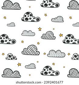 Nubes de garabatos, estrellas marcadas en un patrón sin fisuras. Colección monocroma de detalles decorativos lindos para adultos, niños coloreando la página del libro. Ilustración vectorial dibujada a mano, elementos separados bajo máscara.