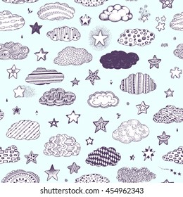 Doodle clouds, stars set in seamless pattern. Monochrome collection of decorative cute details for adult, children coloring book page. Hand drawn vector illustration, separated elements under mask.