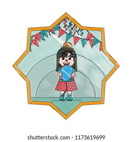 doodle clown girl with balloon and hat inside star
