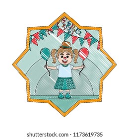 doodle clown girl with balloon and party flags inside star