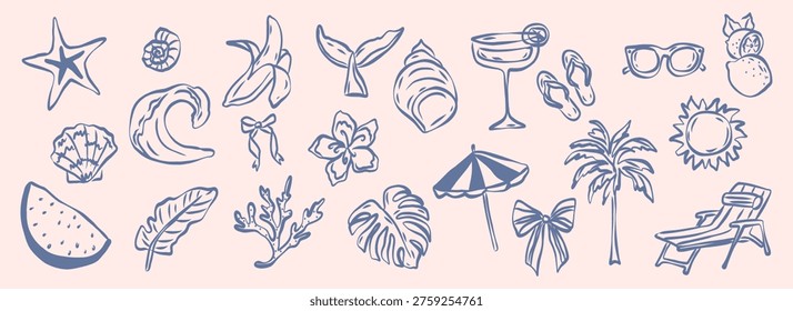 Doodle coastal vacation elements. Blue tropical icons collection