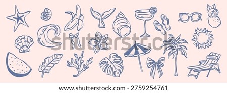 Doodle coastal vacation elements. Blue tropical icons collection