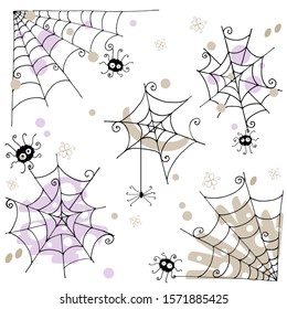 Doodle cobweb and spider hand drawn vector illustration