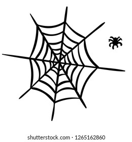 Doodle cobweb with spider isolated on white background. Vector illustration. 