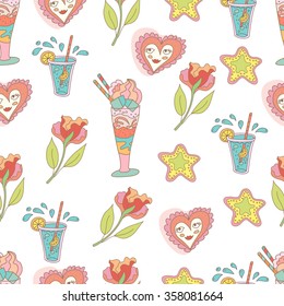 Doodle cocktail and hearts seamless vector pattern