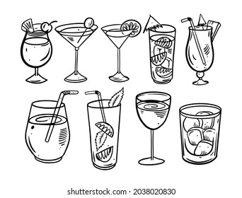 Doodle cocktails glasses set vector art illustration