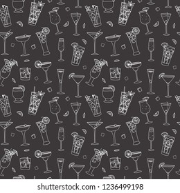 Doodle cocktails on black background seamless pattern. Hand drawn texture for your design.