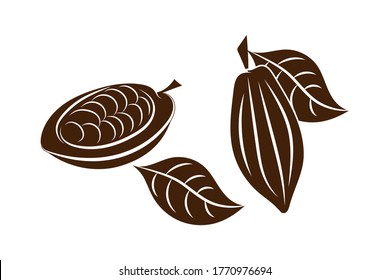 Doodle cocoa with leaf set icon isolated on white. Stencil chocolate food. Vector stock illustration. EPS 10