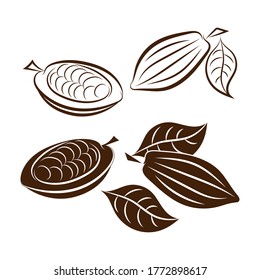 Doodle cocoa with leaf set icon isolated on white. Stencil chocolate food. Vector stock illustration. EPS 10