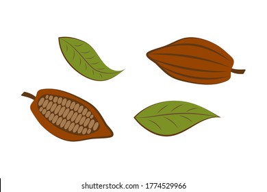 Doodle cocoa with leaf set icon isolated on white. Stencil chocolate food. Vector stock illustration. EPS 10