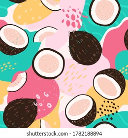 Doodle coconut and abstract elements. Vector seamless pattern. Hand drawn illustrations.