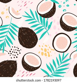 Doodle coconut and abstract elements. Vector seamless pattern. Hand drawn illustrations. svg
