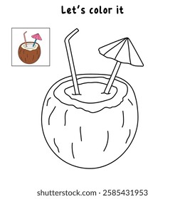 Doodle coconut drink summer coloring pages for kids. Trace and color coconut drink. Summer worksheets for kids activity printable. Cartoon coconut drink clip art vector isolated on white background.