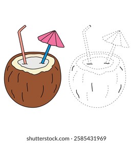 Doodle coconut drink summer coloring pages for kids. Trace and color coconut drink. Summer worksheets for kids activity printable. Cartoon coconut drink clip art vector isolated on white background.