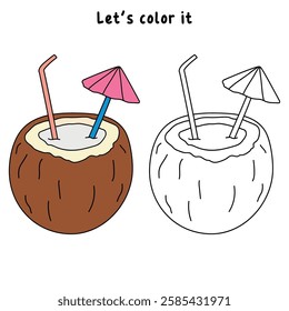 Doodle coconut drink summer coloring pages for kids. Trace and color coconut drink. Summer worksheets for kids activity printable. Cartoon coconut drink clip art vector isolated on white background.