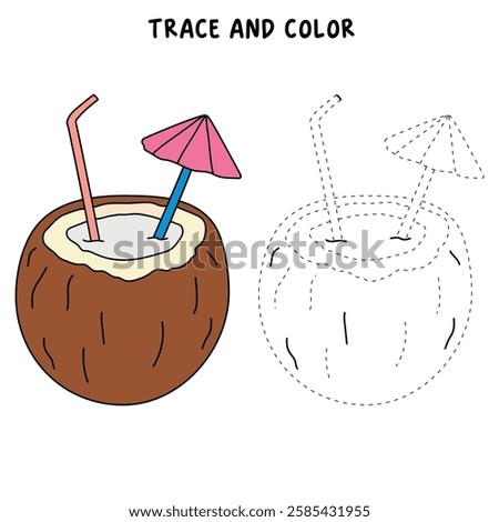Doodle coconut drink summer coloring pages for kids. Trace and color coconut drink. Summer worksheets for kids activity printable. Cartoon coconut drink clip art vector isolated on white background.