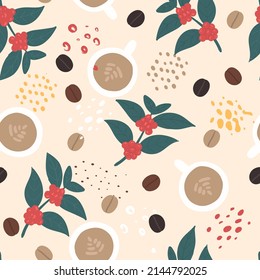 Doodle coffee and abstract elements. Vector seamless pattern. Hand drawn illustrations.