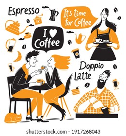 Fondo de café Doodle con barista y pareja sobre elegantes elementos de diseño infográfico estilo doodle. Buena opción para los amantes del café o afiche