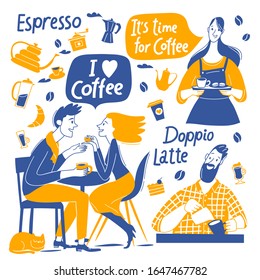 Doodle coffee background with barista and lovers stylish infographic design vector set. Good for motivational coffee lovers card or poster 