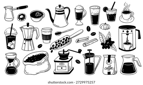 Café Doodle. Máquina de frijoles, café con leche y café espresso y vierta sobre la herramienta para la marca de cafetería, etiquetas de menú y método de elaboración. Esbozo de Vector en el contorno para el embalaje del desayuno, pegatinas de café y logotipo.