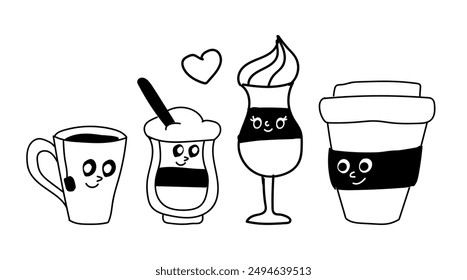 Doodle coffee. Black line cups and mugs cute characters. Cafe mascot. Americano, cappuccino and ice latte. Icon set. Morning bean hot drink. Glass and ceramic utensil, takeaway. Vector illustration