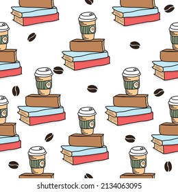 doodle coffee with book seamless pattern background